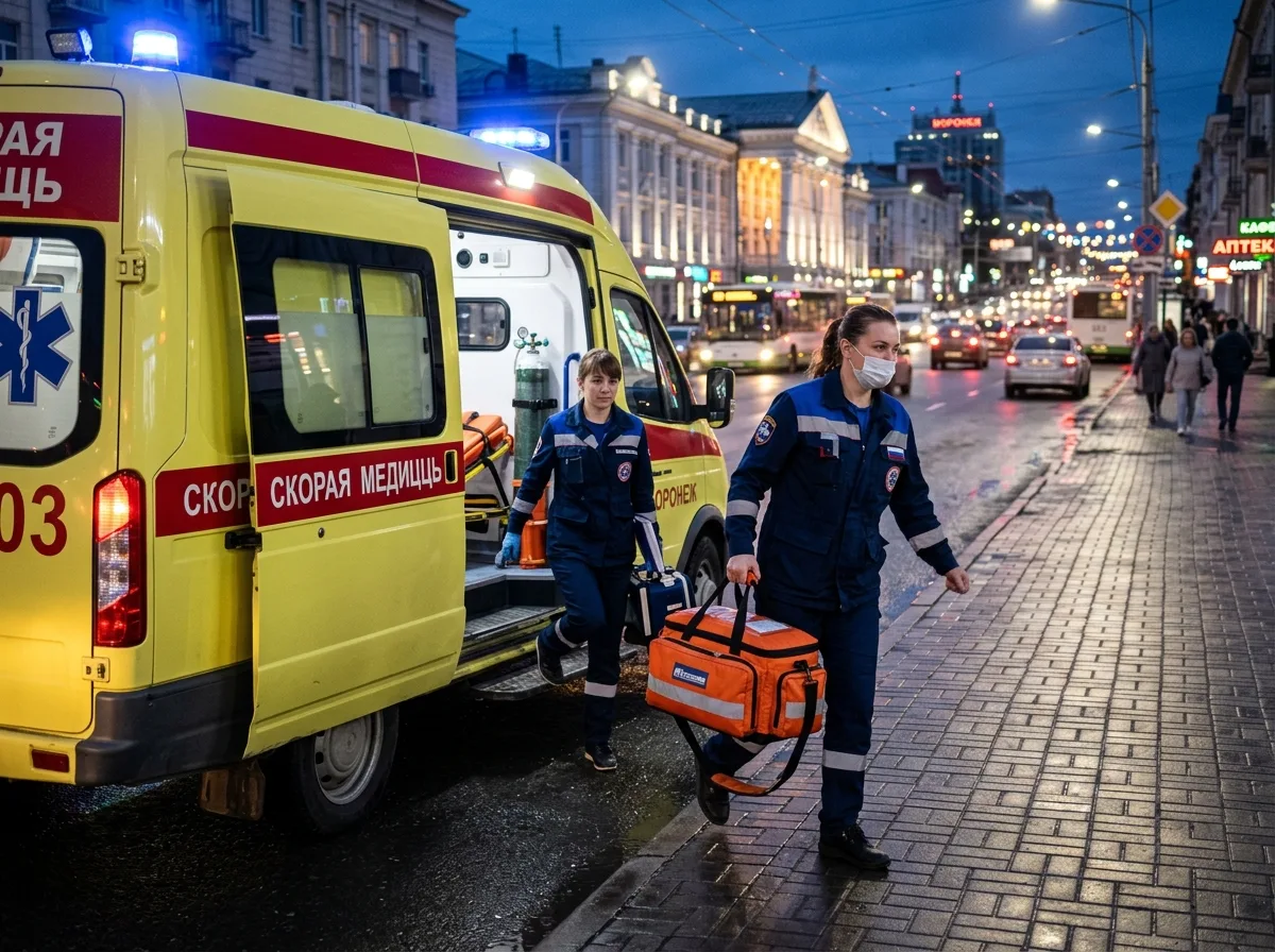 Медицинская бригада выходит из автомобиля с медицинской сумкой, вечер, городские огни Воронежа, профессиональная атмосфера срочной помощи